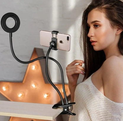 Adjustable LED ring light with 360-degree swivel ball head for capturing flawless selfies and makeup application