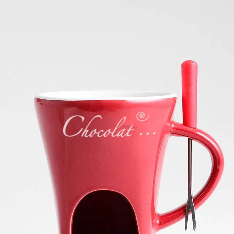 Ceramic fondue set with individual pots for making chocolate, cheese or ice cream fondues at home