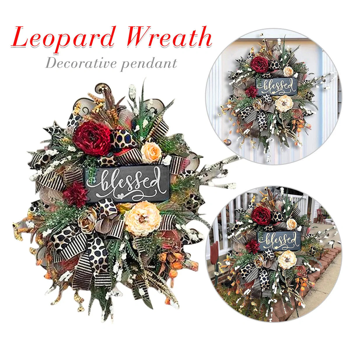 Cheetah print autumn wreath with gold and black bow for front door decoration
