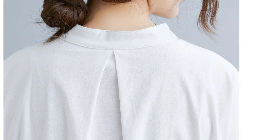Women's cotton-linen stand collar short sleeves dress in black and white
