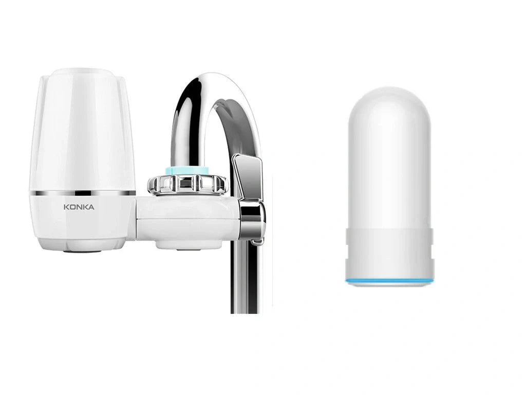 White kitchen tap water purifier with ceramic cartridge and universal adapter