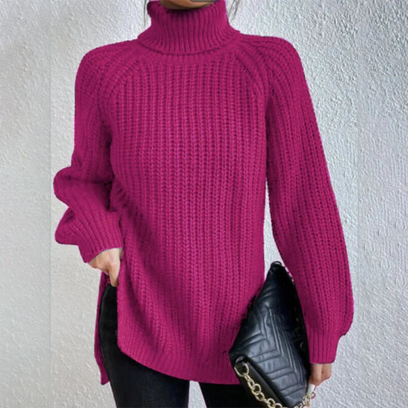 A stylish turtleneck pullover sweater with a unique split design, available in a variety of classic colours and sizes.