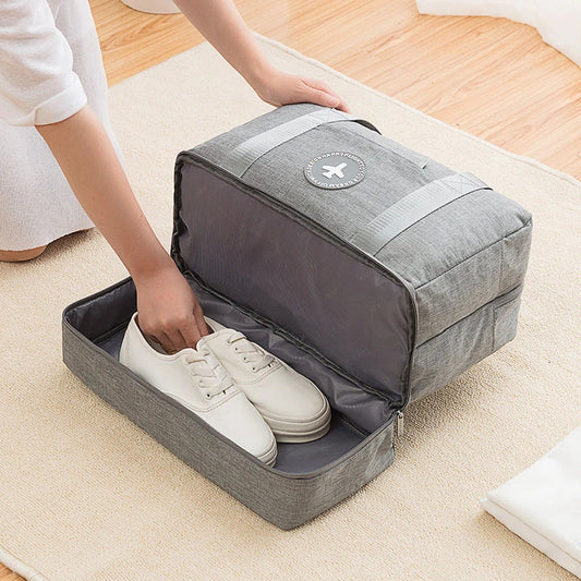 Premium waterproof polyester shoe storage bag with laminated zipper pocket and breathable design for travel and various occasions