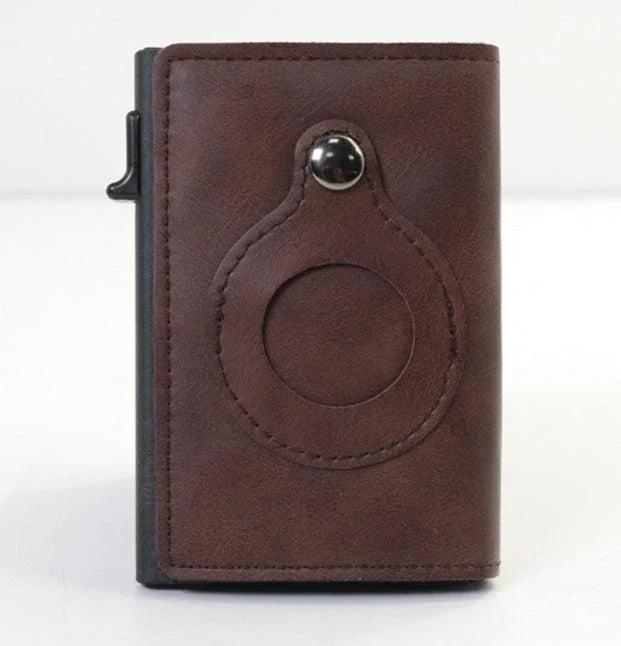 Premium leather wallet with built-in AirTag holder for secure everyday carry and item tracking