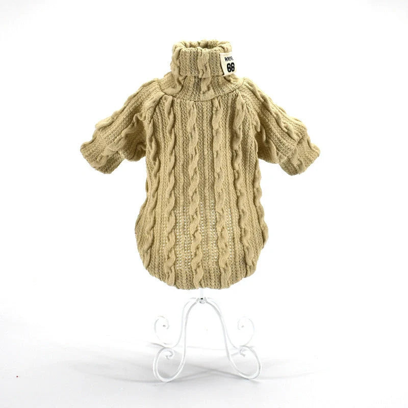 Dog wearing a warm acrylic turtleneck sweater in various colours, suitable for small to medium breeds.