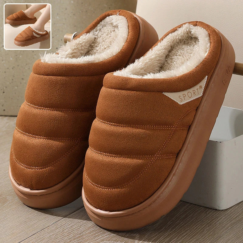 Cozy plush slippers with suede uppers, plush lining, and durable EVA soles for ultimate indoor comfort and warmth