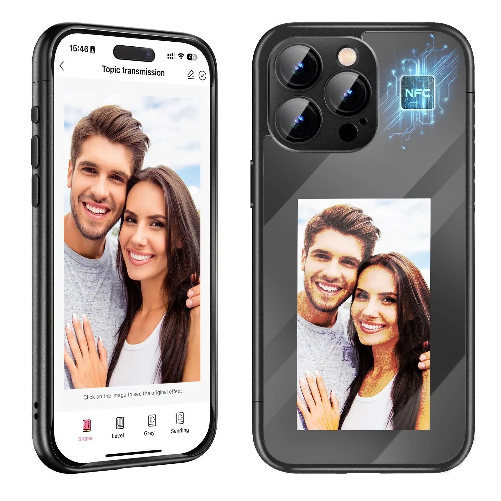 Custom NFC Ink Screen Flip Phone Case for iPhone 15 Pro and Pro Max in black and purple