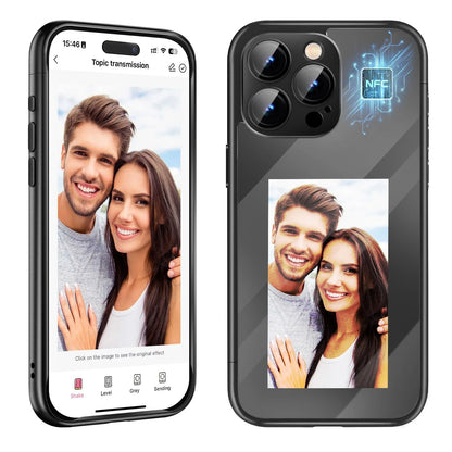 Custom NFC Ink Screen Flip Phone Case for iPhone 15 Pro and Pro Max in black and purple