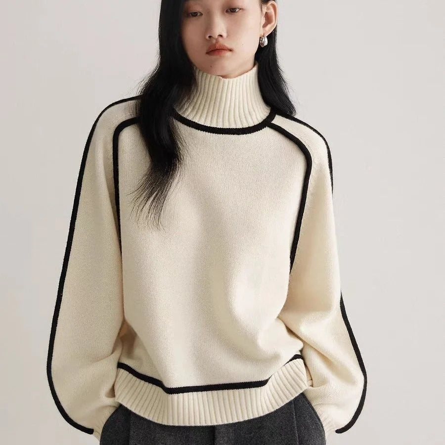 Half turtleneck knitted sweater with three-dimensional design in creamy white, floral brown, gray, and blue