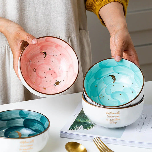 Premium Nordic-style ceramic breakfast bowl set with star-shaped pattern and glossy finish