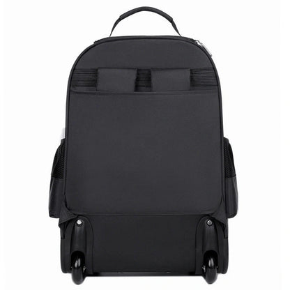 Durable, waterproof trolley backpack with single-directional wheel for smooth mobility and ample storage space for British travellers
