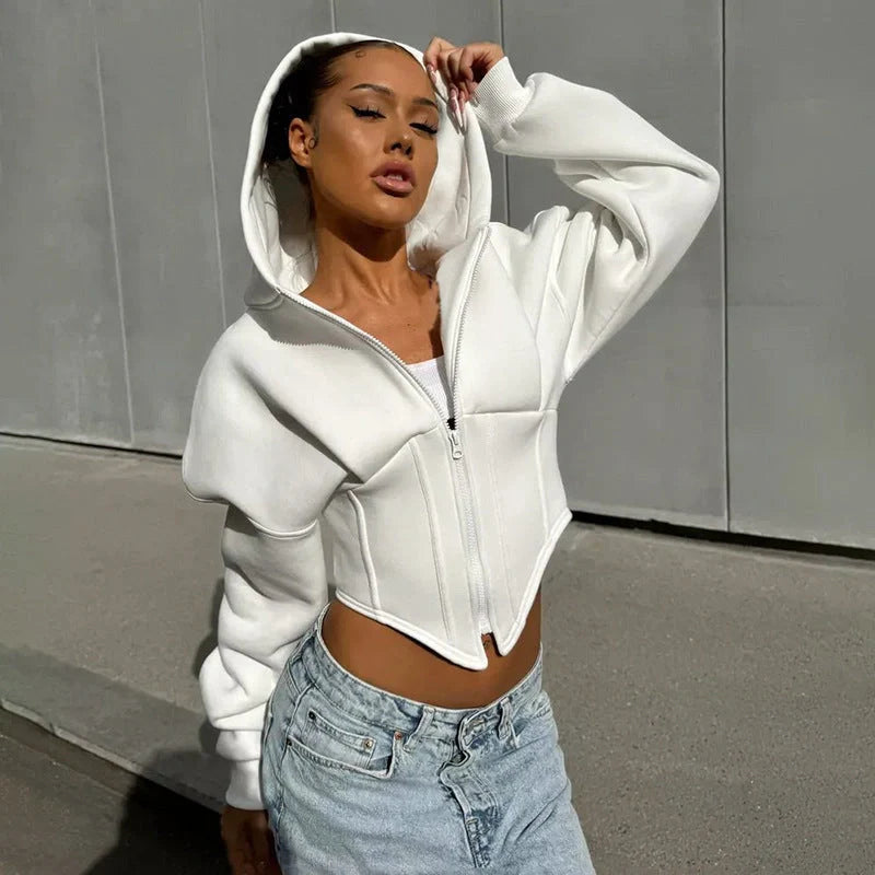 Slim-fit zipper hoodie cardigan for women in grey and white
