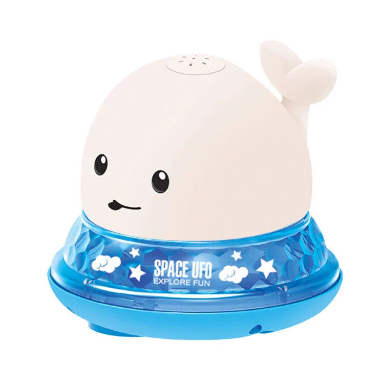 Adorable whale-shaped water sprinkler toy with LED lights and music for baby bath time entertainment