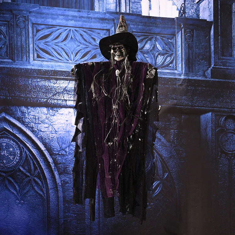 Spooky hanging skeleton ghost with glowing red eyes and haunting cries, perfect for Halloween decor