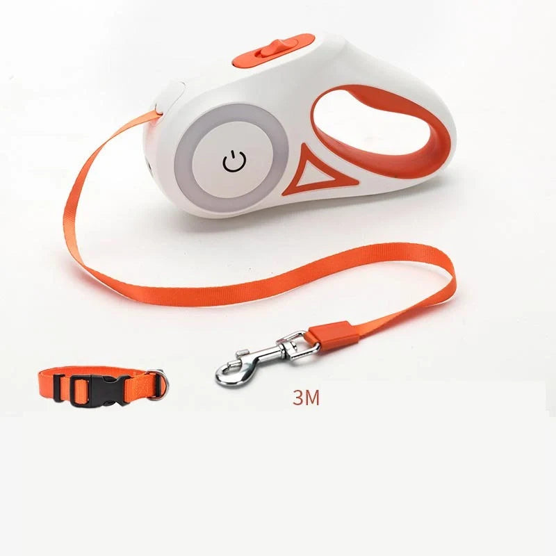 Retractable dog leash with automatic brake system in dream purple, sunshine orange, and mint green