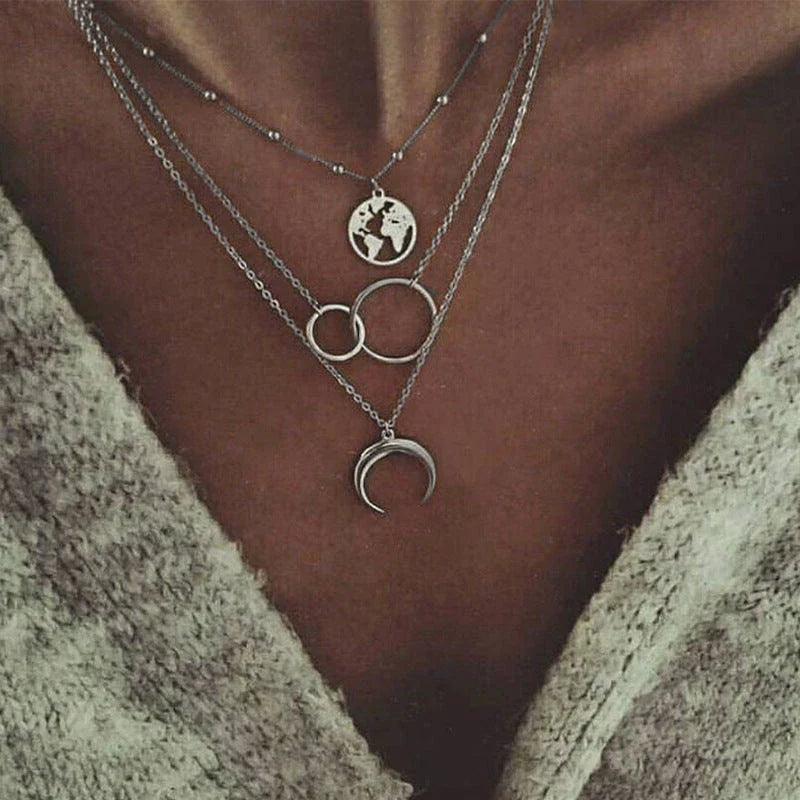 Stunning multi-layer boho moon pendant necklace with intricate design and electroplated finish