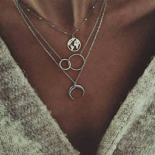 Stunning multi-layer boho moon pendant necklace with intricate design and electroplated finish