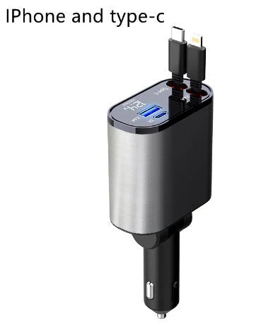 Ultra-Fast 100W Car Charger with Retractable Cable and Adjustable Connector for Rapid Smartphone, Tablet, and Laptop Charging