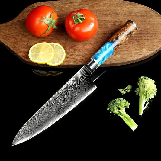 Exquisite Japanese Damascus Steel Chef's Knife with Stunning Brocade Pattern and Ergonomic Resin Wood Handle