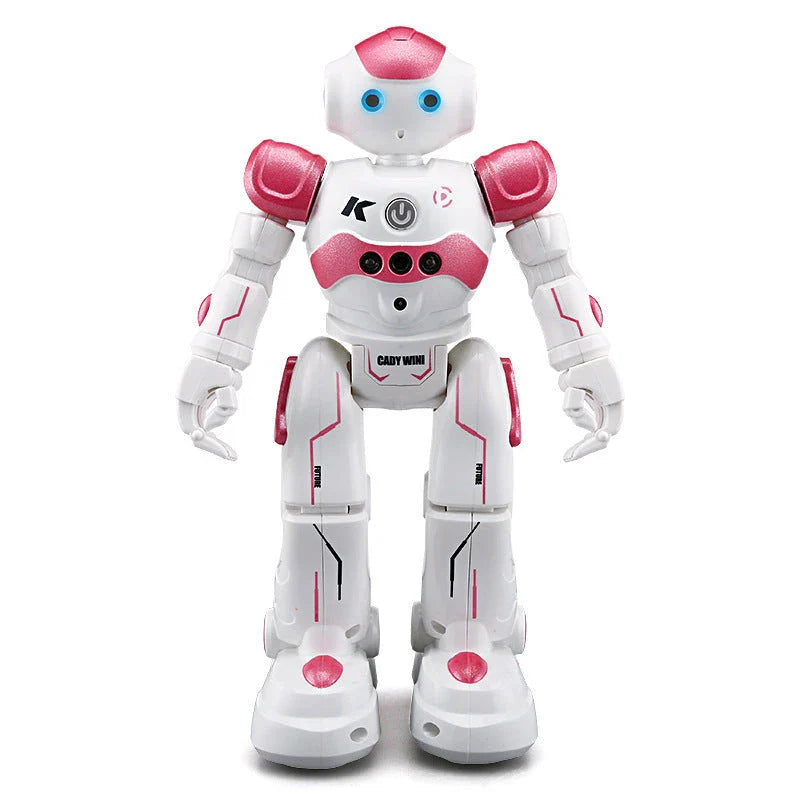 Remote-controlled dancing robot toy with gesture-sensing controls, preprogrammed songs and dances, and customizable programming capabilities