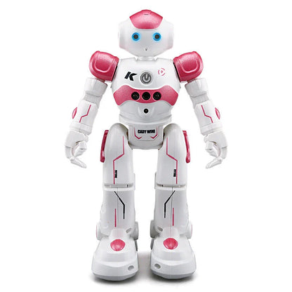 Remote-controlled dancing robot toy with gesture-sensing controls, preprogrammed songs and dances, and customizable programming capabilities