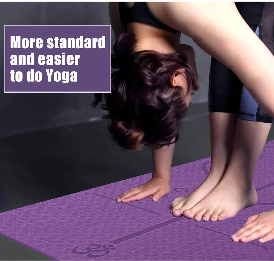 Non-slip TPE yoga mat with position lines for beginners, available in multiple colors