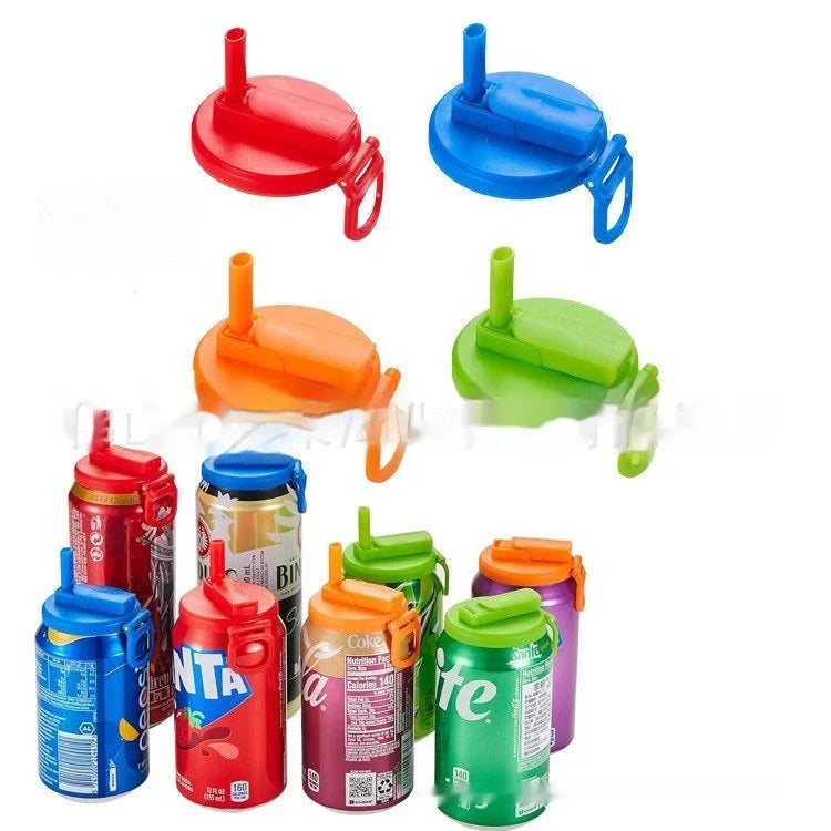 Reusable soda can lid with straw in various colours, fitting standard Coke cans