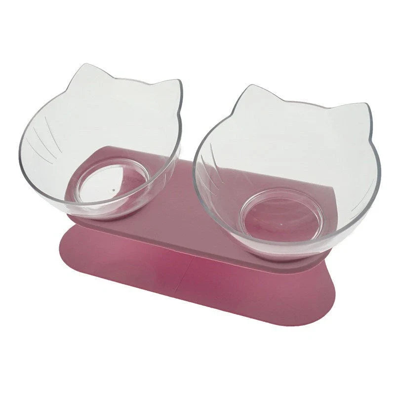 Elevated tilted pet bowl with non-slip stand in transparent, white, and black color options