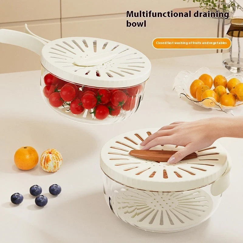 Versatile fruit drain basket with lid and foldable handle for fresh produce storage