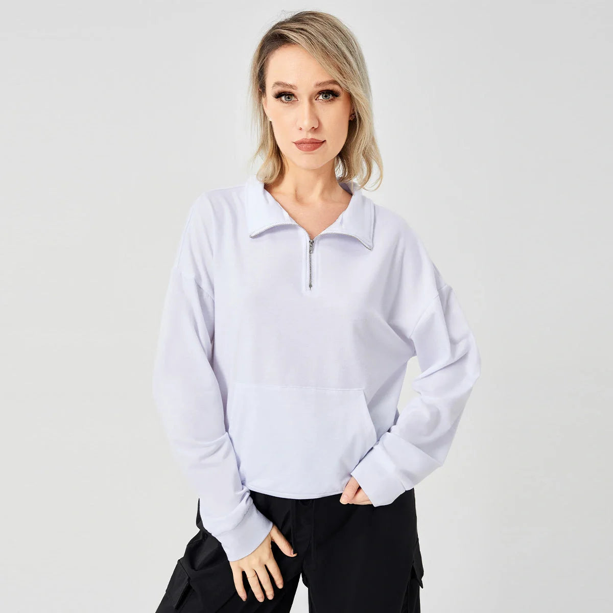 Women's pullover sweatshirt in white, grey, and brown, available in sizes S to XL