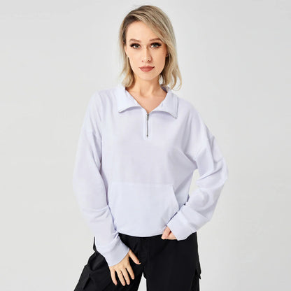 Women's pullover sweatshirt in white, grey, and brown, available in sizes S to XL