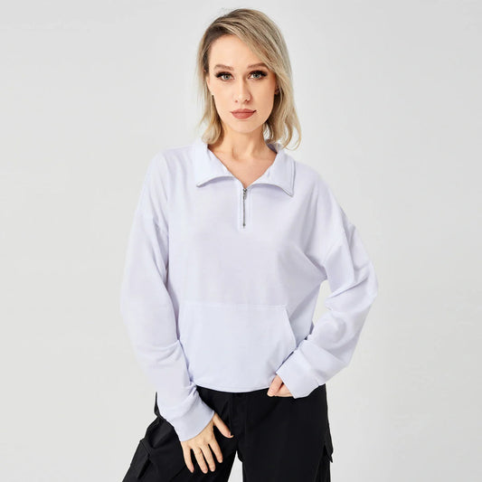 Women's pullover sweatshirt in white, grey, and brown, available in sizes S to XL