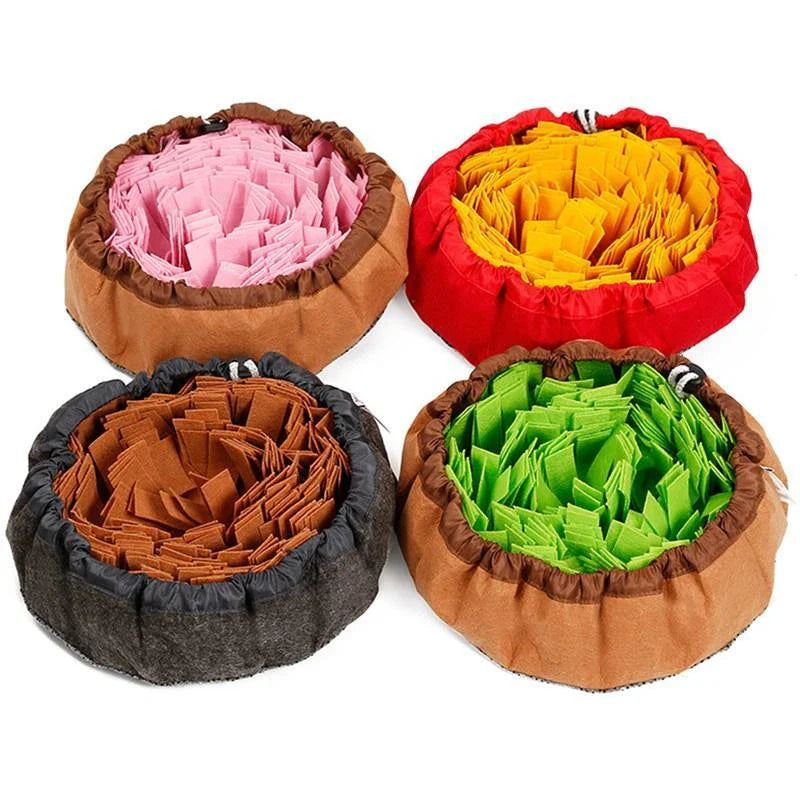 Premium felt puzzle blanket with hidden compartments and textured surfaces to stimulate a pet's natural foraging instincts during mealtimes