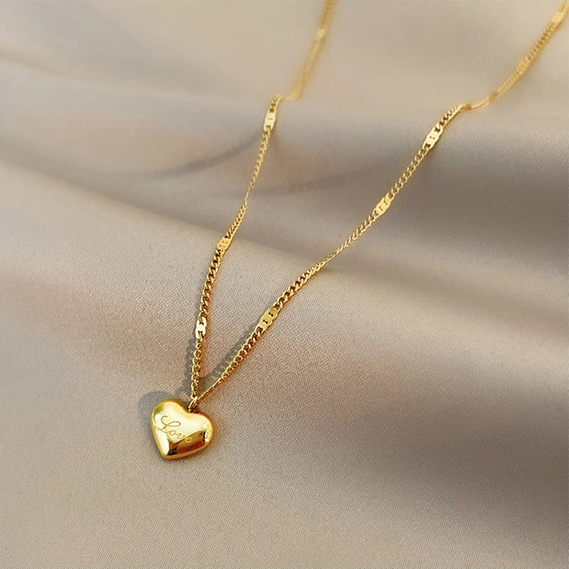 Vintage gold titanium steel heart pendant necklace with sectional chain