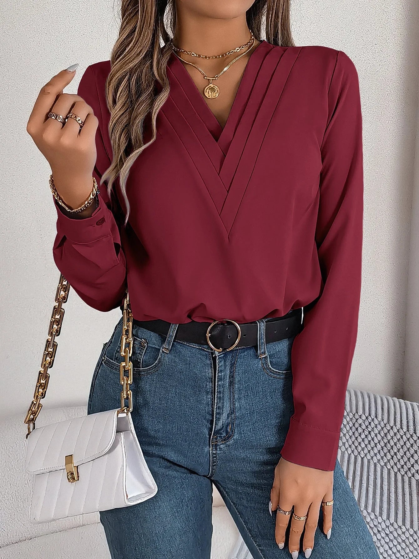 Elegant V-neck long sleeve blouse for women in various colours