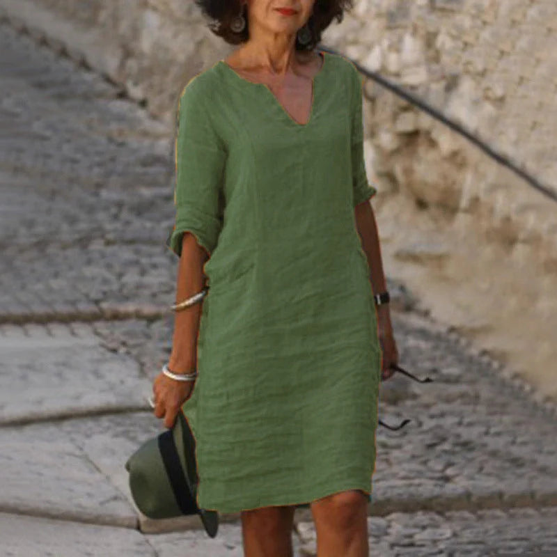 Retro high waist cotton-linen V-neck dress in various colours