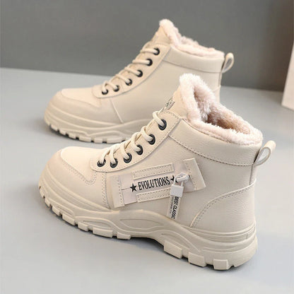 Winter fleece lace-up boots with artificial short plush lining in black, khaki, and white