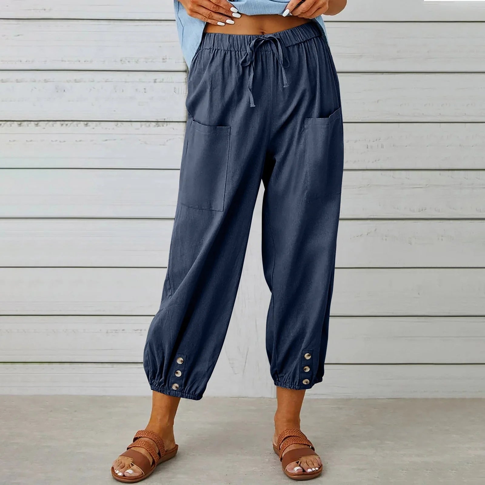 Women's cotton and linen drawstring tie pants with pockets, available in multiple colours and sizes.