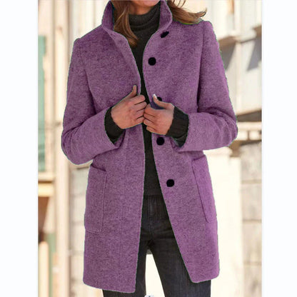 Fashionable wool coat with stand collar and pockets for women's fall/winter outerwear