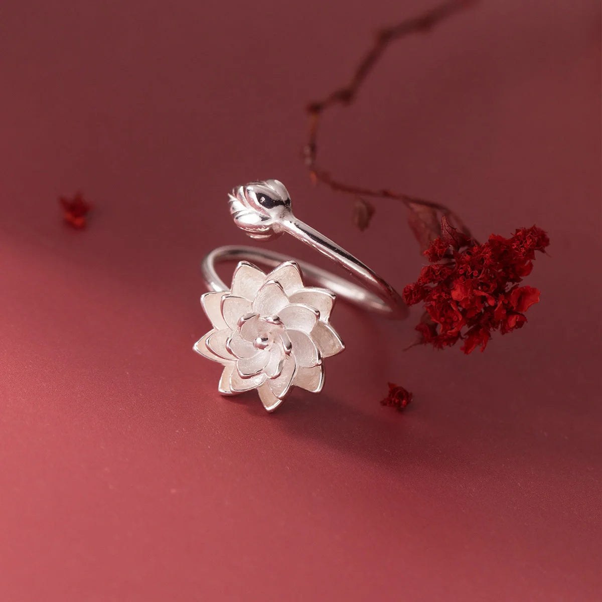 Elegant silver lotus flower adjustable opening ring with intricate design, perfect for everyday wear or special occasions