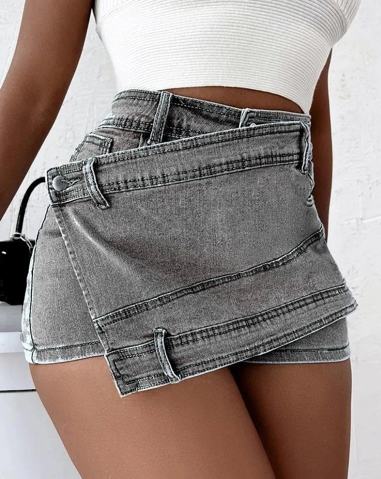 Stylish denim shorts with asymmetrical hem, available in multiple colors and sizes