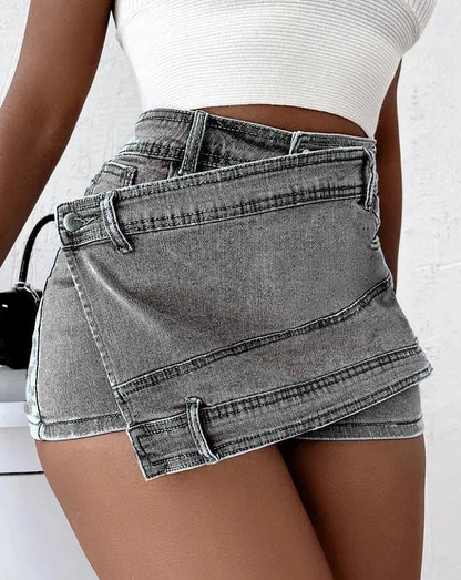 Stylish denim shorts with asymmetrical hem, available in multiple colors and sizes