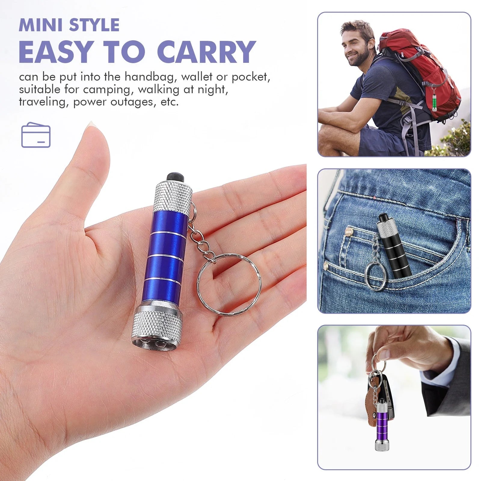 Compact LED keychain torch in four colours for emergencies and camping