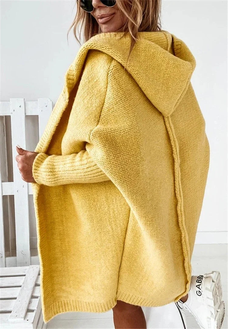 Women's bat sleeve hooded cardigan in sheep wool blend, available in multiple colours