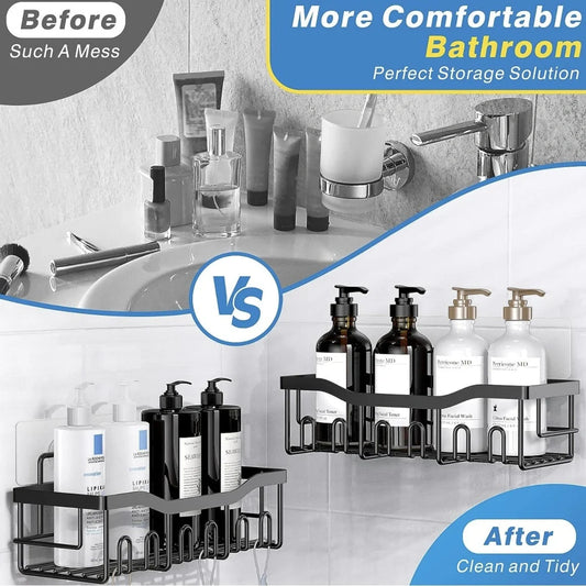 Sleek no-drill bathroom organiser rack set in carbon steel, perfect for clutter-free storage