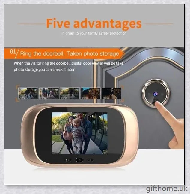 Doorbell Peephole Camera with LCD display, wide-angle lens, and night vision capabilities