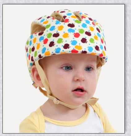 Heavy-duty baby flat head protector helmet in various colours, featuring breathable cotton material, adjustable straps, and shock-absorbing cushions for ultimate safety and comfort.