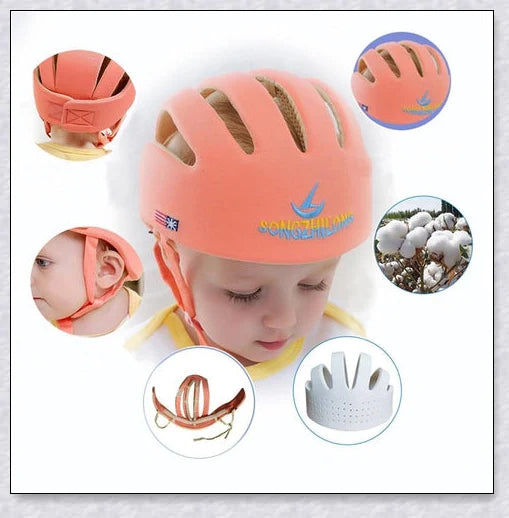 Heavy-duty baby flat head protector helmet in various colours, featuring breathable cotton material, adjustable straps, and shock-absorbing cushions for ultimate safety and comfort.