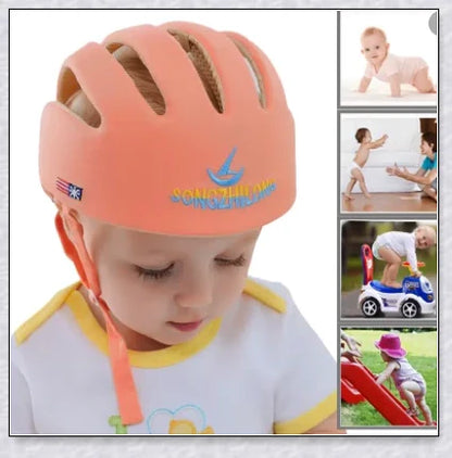 Heavy-duty baby flat head protector helmet in various colours, featuring breathable cotton material, adjustable straps, and shock-absorbing cushions for ultimate safety and comfort.