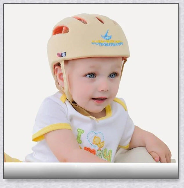 Heavy-duty baby flat head protector helmet in various colours, featuring breathable cotton material, adjustable straps, and shock-absorbing cushions for ultimate safety and comfort.